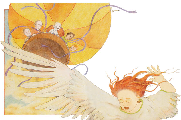 girl flies from a balloon - illustration from Winning the Girl of the Sea