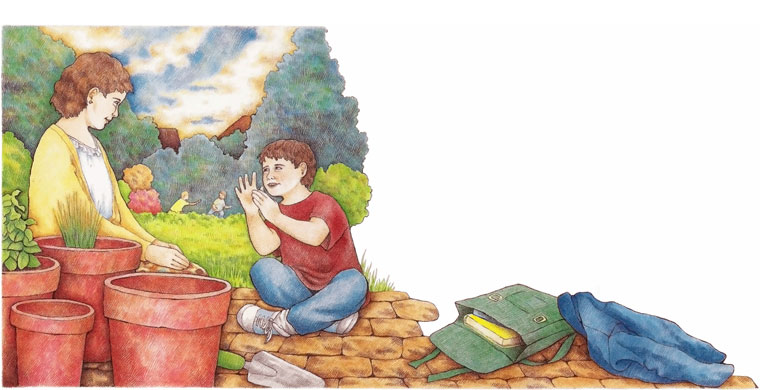 George talking to his mother - illustration from The Watcher